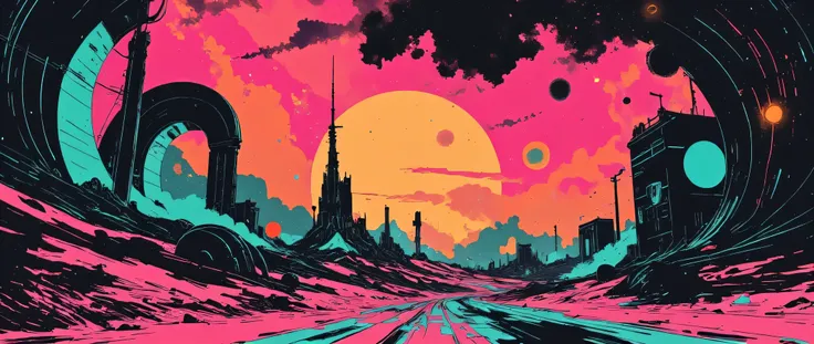 An abstract background inspired by Travis Scott's style, featuring vibrant neon colors and futuristic elements. The design should evoke a sense of energy and movement, with swirling dynamic patterns and cosmic, urban touches. The atmosphere should be surre...