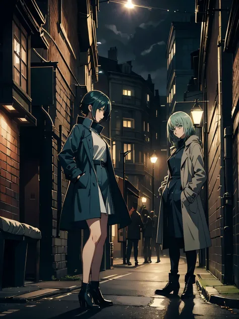 anime、high image quality、high definition、(((One Woman)))、green hair、 deep blue blouse with hem up to waist、silver party dress with a wide open chest、black miniskirt、Thoughtful face、 WHITE TRENCH COAT 、 Under the Street Light、Leaning against a brick wall、Lo...