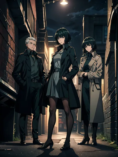 anime、high image quality、high definition、(((One Woman)))、green hair、 deep blue blouse with hem up to waist、silver party dress with a wide open chest、black miniskirt、Thoughtful face、 WHITE TRENCH COAT 、 Under the Street Light、Leaning against a brick wall、Lo...