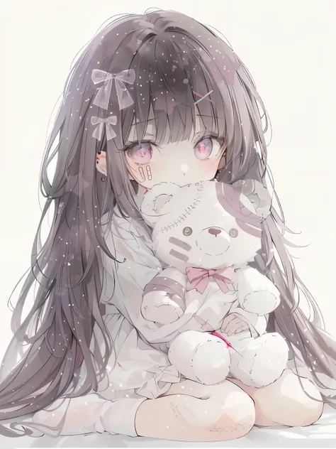8k, pink adhesive plaster, pink lipstick, Sickly cuteいい, holding a bear, whole body, Front view, eight years old, cute face, sitting on the ground, an image of a girl, in the style of subtle color palette, oshare kei, deformed character, whole body, cute, ...