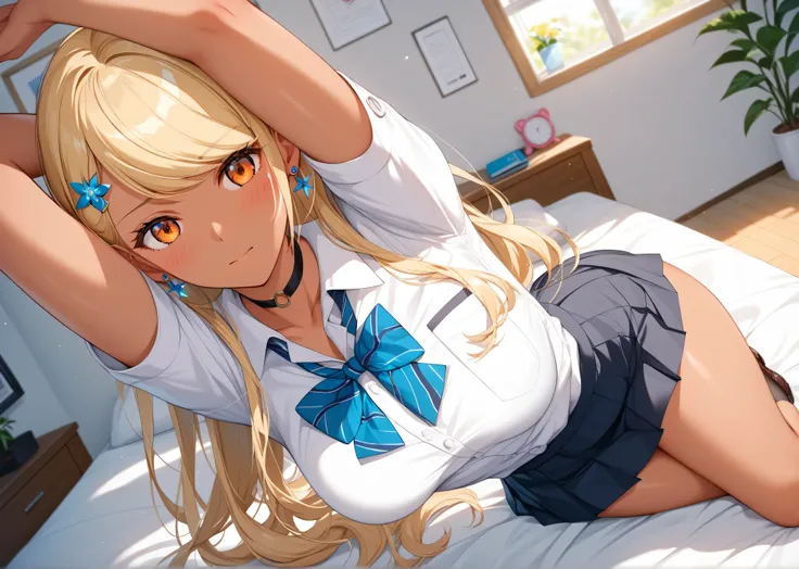 master piece、Best Quality,Super detailed,High resolution,Extremely detailed CG,Unity 8K Wallpaper,weat,score_9, score_8_up, score_7_up, score_6_up, score_5_up, score_4_up, source_anime,QpiOriginal, orange eyes, dark skin, blonde hair, long hair, swept bang...