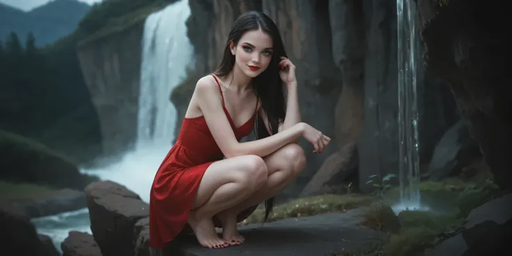 A squatting ager, small breasts, black hair, straight hair, very long hair, freckles, detailed ribs and small bare feet, red lips, eyeliner, perfect nails, perfect feet, blue eyes,  smile,  long red dress , closed dress, On the edge of a cliff, night, lua,...