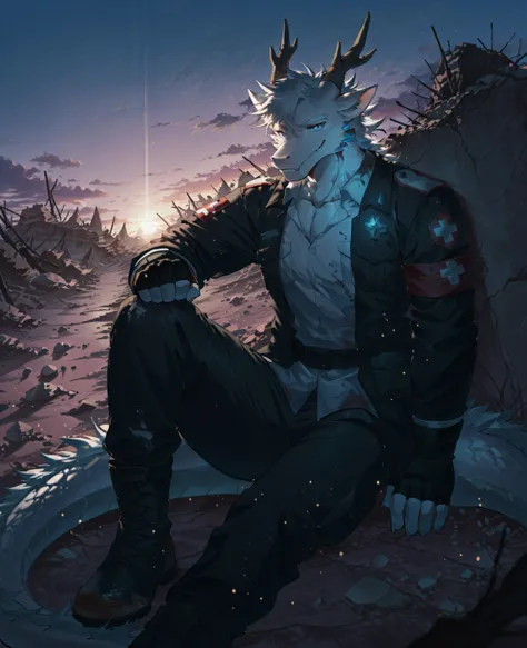sfw,masterpiece,UHD,solo:1.2,highres,best quality,anatomically correct,furry male,male_focus,(wasteland punk),(eastern dragon),collarbone,(white scales:1.1,),black dragon horn,antler:0.6,white hair,short hair,cocked eyebrow,snout,(detailed eyes,blue eyes,d...