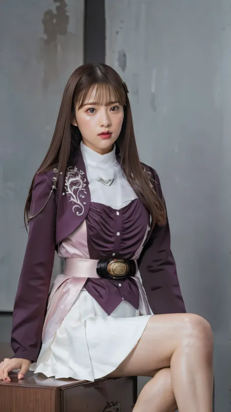 ( 高精細CG),( top quality ),((frontal view)),((Composition showing the upper body)),((black room background with no lights)),((  1girl  )), perfect face, shiny skin ,wide hips , thin waist, purple bolero jacket,((white skirt)), Long Sleeve  ,  pink belt,((bro...