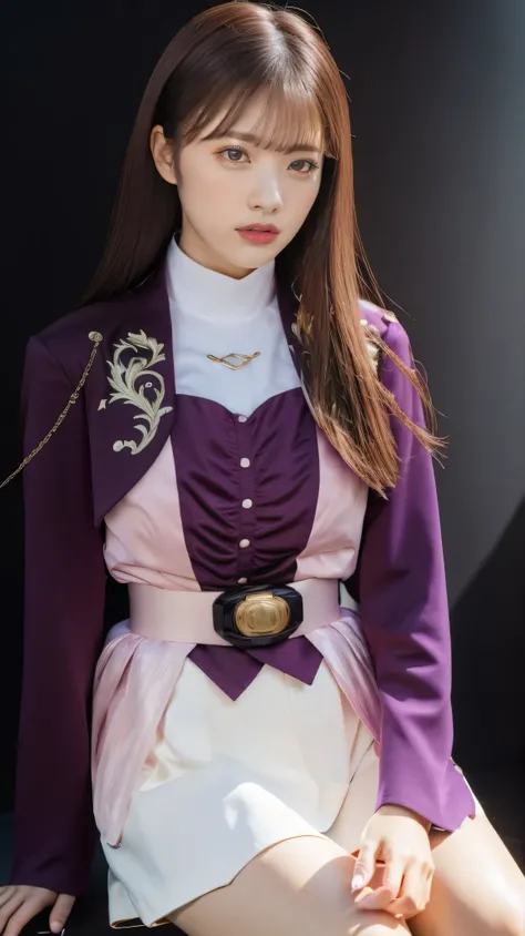 ( 高精細CG),( top quality ),((frontal view)),((Composition showing the upper body)),((black room background with no lights)),(( 1girl )), perfect face, shiny skin ,wide hips , thin waist, purple bolero jacket,((white skirt)), Long Sleeve , pink belt,((bro...
