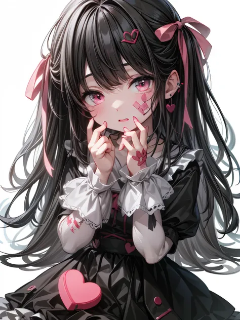 8k, pink adhesive plaster, pink lipstick, Sickly cuteいい, holding a bear, whole body, Front view, eight years old, cute face, sitting on the ground, an image of a girl, in the style of subtle color palette, oshare kei, deformed character, whole body, cute, ...