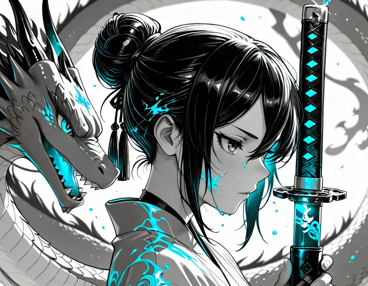 Detailed manga illustration, monochrome, Grayscale, a girl , hair between the eyes,tsurime, Hair combed back,single bun, hair in a bun ,(on face and eyes), side view ,(various points of view), upper body,(illustration of blue water dragon in background), ...