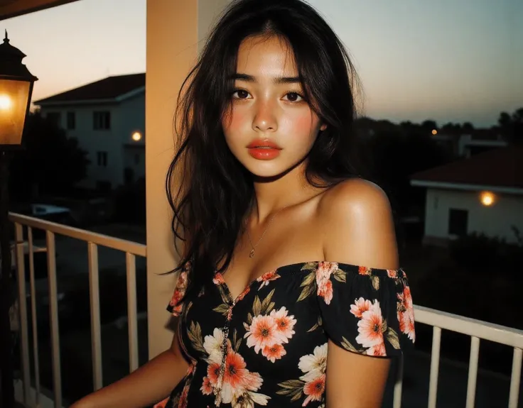 (Hard intense flash photography) Early evening, lantern lit night, Photo from the side, candid photo, (suburban setting background seeing houses and shops from the veranda at Metro Manila, philippines,)Boobs Close-up half-body portrait, Tubetop Elegant and...
