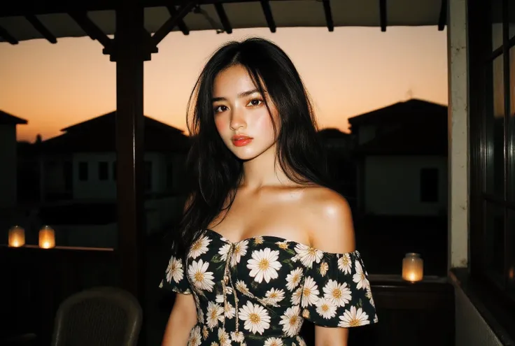 (Hard intense flash photography) Early evening, lantern lit night, Photo from the side, candid photo, (suburban setting background seeing houses and shops from the veranda at Metro Manila, philippines,)Boobs Close-up half-body portrait, Tubetop Elegant and...