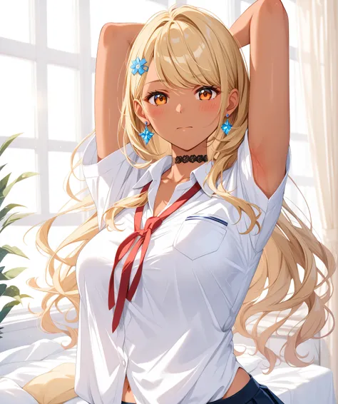 master piece、Best Quality,Super detailed,High resolution,Extremely detailed CG,Unity 8K Wallpaper,weat,score_9, score_8_up, score_7_up, score_6_up, score_5_up, score_4_up, source_anime,QpiOriginal, orange eyes, dark skin, blonde hair, long hair, swept bang...