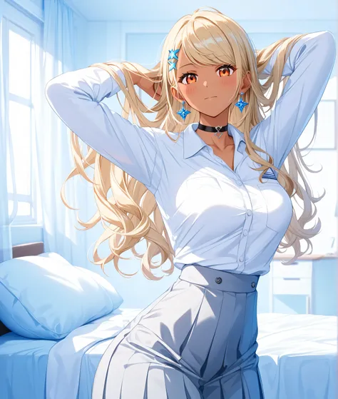 master piece、Best Quality,Super detailed,High resolution,Extremely detailed CG,Unity 8K Wallpaper,weat,score_9, score_8_up, score_7_up, score_6_up, score_5_up, score_4_up, source_anime,QpiOriginal, orange eyes, dark skin, blonde hair, long hair, swept bang...
