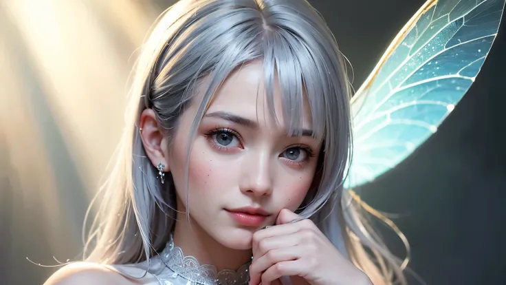 (born, top quality, masterpiece:1.5), (Realistic as pictured, intricate details:1.2), Ultra High Definition,  absurd, 1 girl, beautiful face, Purple Eyes,  fine eyes, has symmetrical eyes,  light shines on her face, Silver Hair、Fairy　magic　monochrome　roman...