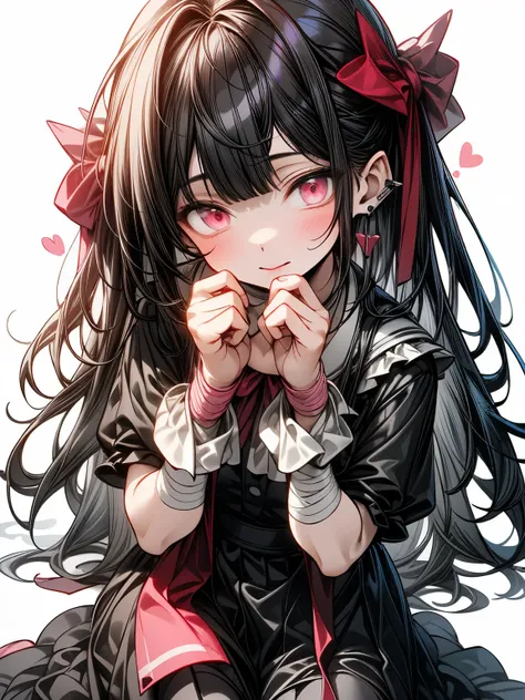 8k, pink adhesive plaster, pink lipstick, Sickly cuteいい, holding a bear, whole body, Front view, eight years old, cute face, sitting on the ground, an image of a girl, in the style of subtle color palette, oshare kei, deformed character, whole body, cute, ...