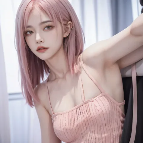 Make a image for novel,bangs hair,pose, looking at viewer, unique,celebrity,sexy,flat chest,woman,pink hair, close up photo, modern theme, Billionaire.