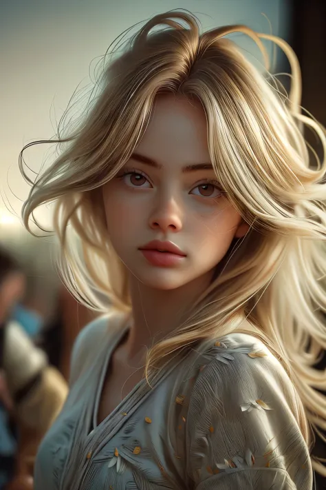 young woman, colorful chaos, elegant, vivid colors, atmospheric, petals, vibrant, striking visual design, twisting flowing fabric, the world implodes behind her, action shot, unravelling, unfurling, blossoming, bright eyes, front lit, erupting, undercurren...