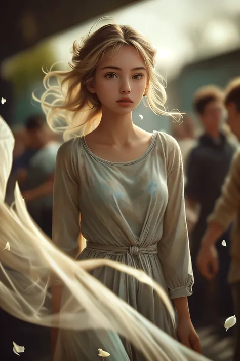 young woman, colorful chaos, elegant, vivid colors, atmospheric, petals, vibrant, striking visual design, twisting flowing fabric, the world implodes behind her, action shot, unravelling, unfurling, blossoming, bright eyes, front lit, erupting, undercurren...