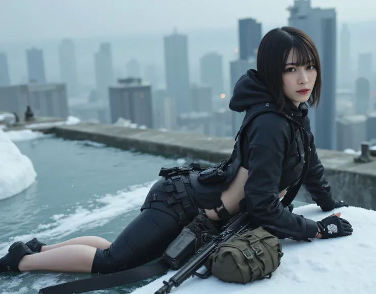 (((Rooftop of a futuristic city:2.0))),((( HR Gigger style cyberpunk atmosphere :2.0))),((( floats on a snowy field and sleeps facedown:2.0))),side view,Side pose,((looks back and look at the camera:2.0)),(( looking back over my shoulder :2.0)),Rear View,(...