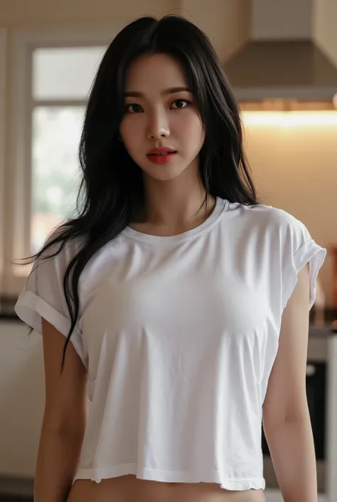 a woman, standing in the kitchen, visible whole body facing front, using a white oversize t-shirt,  Big Boobs, red lips, seductive face, black hair