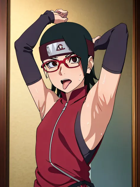 Sarada Uchiha,human woman with fair skin. She is a r with black eyes and red clothing. Her hair is black in color; She is beautiful.Wearing red rimmed glasses.Tsundere face. Pink eye shading,mature appearance,armpits,sweat,sweaty,sweaty armpits,arms up,s...