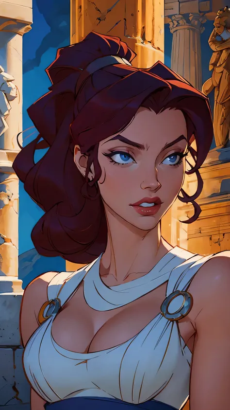 1girl,solo,beautiful Megara from Hercules, longo hair ,realistic portrait,detailed facial features,elegant expression,confident posture,intricate hairstyle,ornate greek dress,ancient greek architecture,dramatic lighting,vibrant colors,photorealistic,4k,pro...