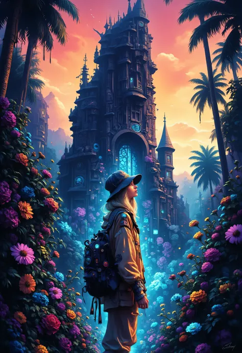 Mh1$AgThS2, intricate linework with expressive contrasts, soft lighting with dynamic highlights, image of a lost city overgrown by dense tropical jungle, with a female explorer, blonde hair, safari hat and jacket, standing looking up at an ancient damaged ...