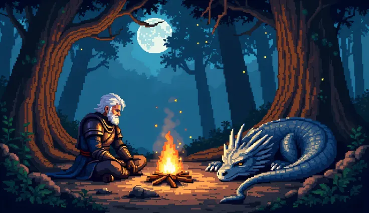 In a deep, mystical forest clearing, a white-haired, strikingly handsome warrior sits cross-legged and sleeping in front of a crackling campfire. His gaze is calm and thoughtful, reflecting the flickering flames in his eyes. He wears a traditional dark out...