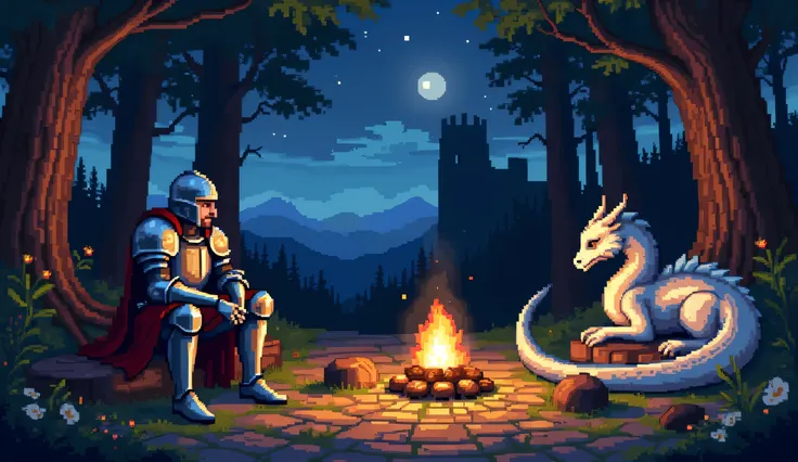 Main Subject:
A solitary medieval knight, clad in meticulously detailed silver plate armor accented with deep red trim, sits on the left side of the scene. His closed visor and relaxed posture—one hand resting on the hilt of his finely crafted sword—convey...