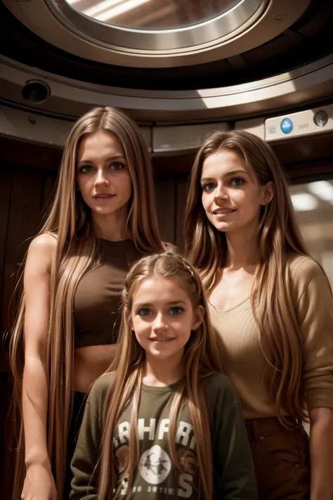 a mother with her daughters in a space station, a girl with long blond hair, a girl with long brown hair. Mom with long hair and dark green eyes