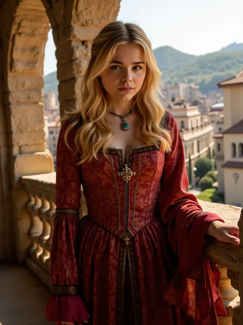 Chloe Grace Moretz, standing on balcony, sexy medieval baroness, cleavage, luxurious medieval dress, luxurious necklace with big gemstone, jewelry, ultrarealistic, inside medieval castle, background is medieval city, sunshine