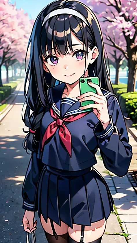 sailor suit, One Woman, (beautiful woman, Delicate schoolgirl:1.3), 8k, top quality, masterpiece, very detailed, Ultra High Definition, realistic, RAW photo, absolute resolution, black hair, braided hair, Small face compared to body, very small face, blac...