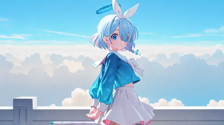  1girl 、arona, blue eyes, blue hair, hair over one eye, bangs, halo, mechanical halo,
long sleeves, ribbon, school uniform,  serafuku, skirt, white skirt,,difficult、、blue sky entrance clouds、、Does Arona turn her back、greatest masterpiece、 perfect light、