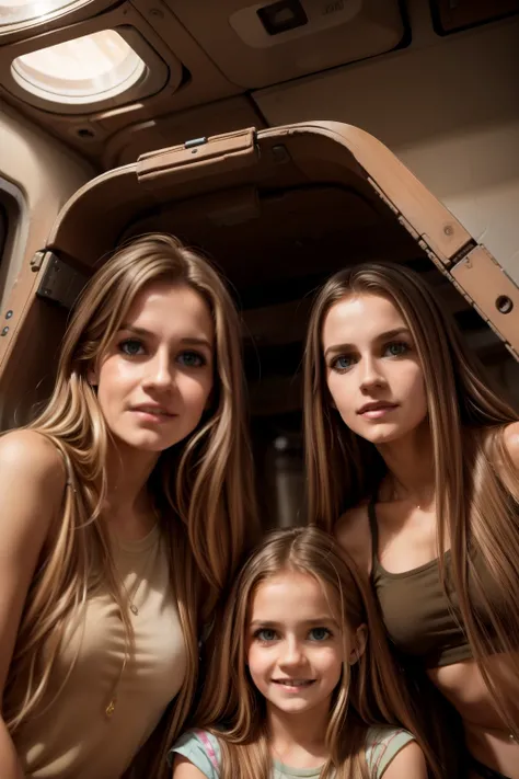 a mother with her daughters in a space station, a girl with long blond hair, a girl with long brown hair. Mom with long hair and dark green eyes
