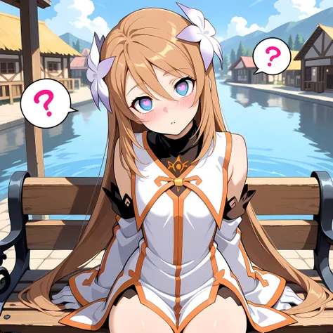 (masterpiece), best quality,1girl,solo,marta lualdi_(tales of symphonia knight of ratatosk),seaport,village,outdoors,sitting,bench,head tilt,spoken question,cowboy shot,looking at viewer,blush,mind control,hypnosis,hypnotized,empty eyes,heart-shaped pupils...
