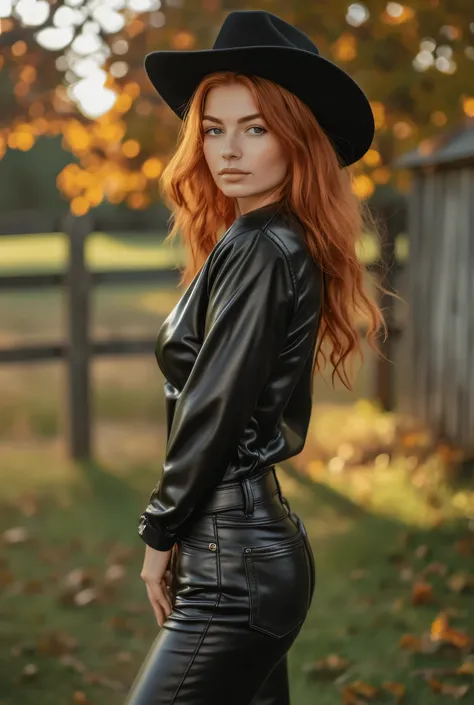 full-length photo of a 35-year-old woman with red hair, She is standing near the farm, she is a cowgirl, she is wearing high-gloss black latex pants with pockets, high quality photo,4K,8k,detailed portrait,realistic,professional,bright colors,rural landsca...