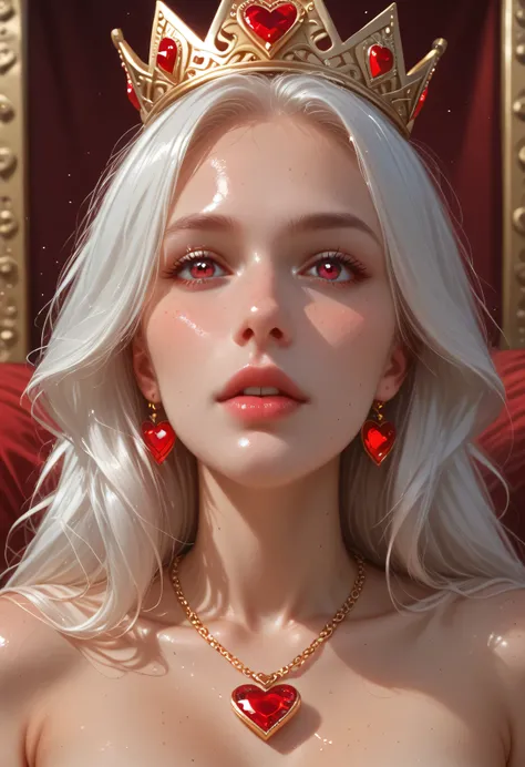 queen of hearts, young nordic woman, symmetrical, royal portrait, (heart:1.1), crown, heart necklace, queen's robes, royal throne, ruby jewels, long white hair, looking at camera, red, white, RAW candid cinema, 16mm, color graded portra 400 film, remarkabl...