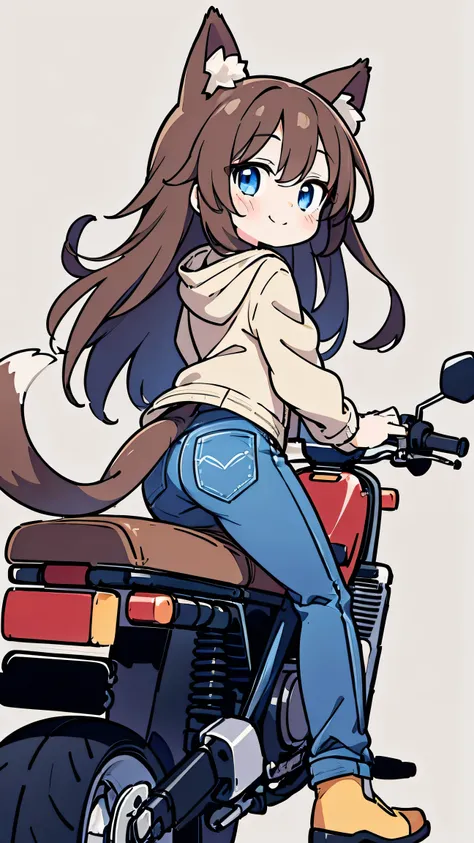 anime style、 cute face、 woman、 fox ears、brown hair、tail、 blue eyes、 long hair、 beige jacket 、jeans、simple background、smile、riding a motorcycle、back view