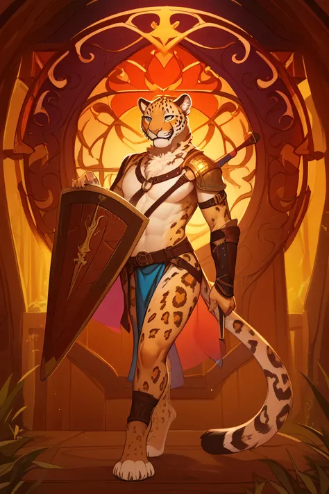 (score_9,score_8_up,score_7_up,score_6_up,score_5_up,score_4_up), fantasy art concept, intricate details, erotic, sensual, by darkgem, anthro, sabertooth jaguar, wearing primative clothing, sword and wooden shield, sensual, erotic pose, presenting body, be...