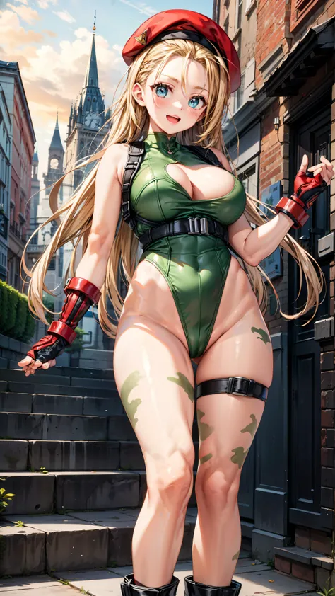 masterpiece、 high image quality、smiles、Open Mouth、(blonde long hair)、(standing:1.5、Leg muscles:1.5)、(wearing high-leg thong )、 blue eyes、 (thong )、cammy white, long hair, blonde hair,  beret , (red headwear:1.3), large breasts, (green leotard:1.5、harness b...