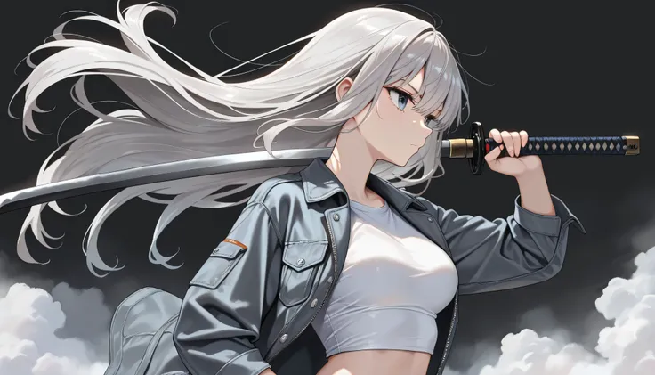 ((masterpiece, best quality, amazing quality, very aesthetic, newest, realism, hyper-detailed, beautiful, cinematic)) 1girl, 28 Years Old, A bit medium breasts, solo, Dark Gray Background, long Light Gray hair, Dark Gray Denim Jacket, White Loose Crop Top ...
