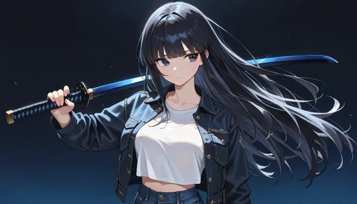((masterpiece, best quality, amazing quality, very aesthetic, newest, realism, hyper-detailed, beautiful, cinematic)) 1girl, 28 Years Old, A bit medium breasts, solo, Dark Blue Background, long black hair, Denim Jacket, White Loose Crop Top T-shirt , Holdi...
