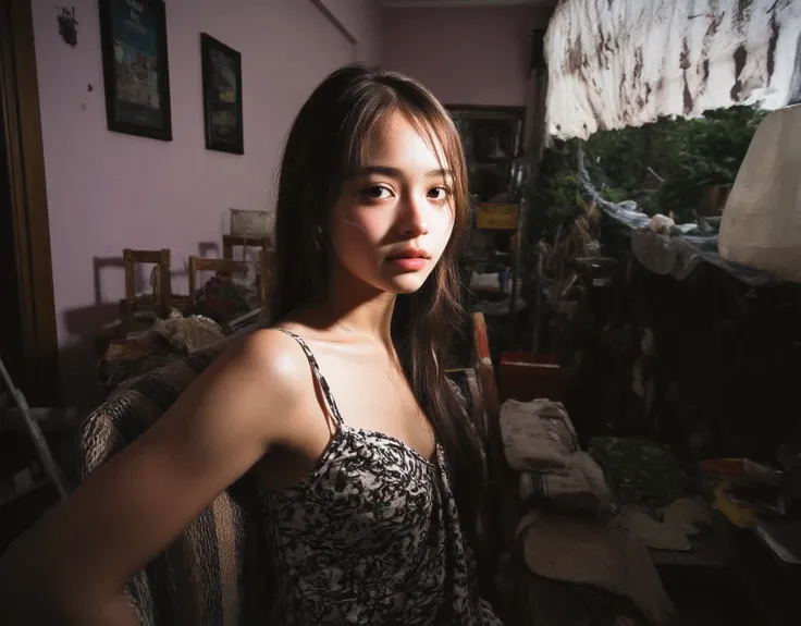 Aesthetically pleasing cinematic composition (suburban setting background seeing  houses and shops from the veranda)Beautiful amber skies (Large and prominent perky breasts showing décolletage and cleavage with a bit of tan lines) Flash photography, gyaru,...