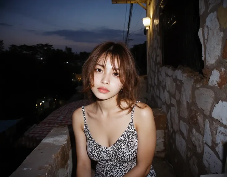 Aesthetically pleasing cinematic composition (suburban setting background seeing  houses and shops from the veranda)Beautiful amber skies (Large and prominent perky breasts showing décolletage and cleavage with a bit of tan lines) Flash photography, gyaru,...