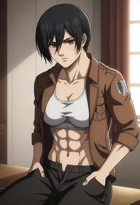 score_9, score_8_up, score_7_up, BREAK source_anime, mikasa ackrman, grey eyes, black hair, short hair, medium breasts,Mikasa wreanig open buttons  white shirt  black tight sport  Elastic  fiber  bra and red loose military trousers,mikasa with good looking...