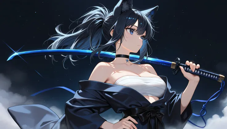 ((masterpiece, best quality, amazing quality, very aesthetic, newest, realism, hyper-detailed, beautiful, cinematic)) 1girl, 24 Years Old, A bit medium breasts, solo, Dark Blue Background, Black Ponytail, Wolfcut Hairstyles, Dark Blue Kimono, Bandaged Ches...