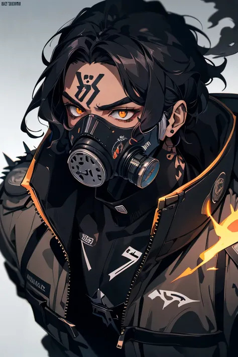 20 year old male, dark skin tone, ebony skin, long wavy black hair, Maori, cyberpunk outfit, tribal tattoos, gas mask, realistic portrait, high quality portrait, close-up figure, serious facial expression, intense gaze, dramatic pose, detailed tribal tatto...