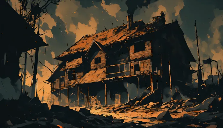 A medieval house reduced to charred ruins, wisps of smoke rising in the cold morning air. The golden dawn breaks through the destruction, casting long shadows over scorched wood and blackened stone. The atmosphere is eerie yet serene, with embers still glo...