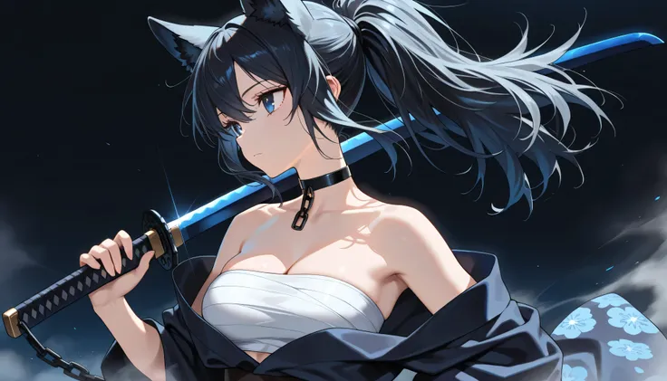 ((masterpiece, best quality, amazing quality, very aesthetic, newest, realism, hyper-detailed, beautiful, cinematic)) 1girl, 24 Years Old, A bit medium breasts, solo, Dark Blue Background, Black Ponytail, Wolfcut Hairstyles, Dark Blue Kimono, Bandaged Ches...