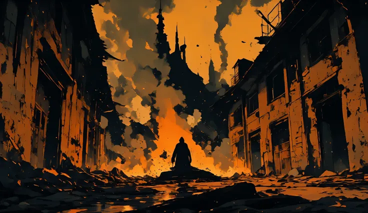 A medieval house in ruins after a devastating fire, with smoke still rising from charred wooden beams. The golden dawn breaks through the destruction, casting long shadows over the blackened stone walls and smoldering debris. The ground is littered with as...