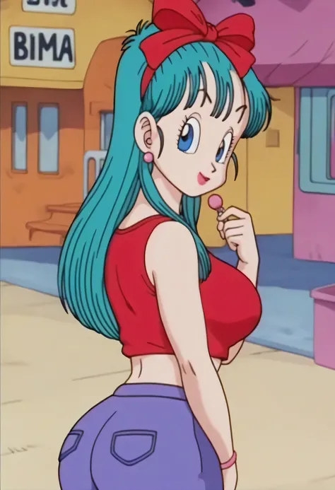 fuente_ animado, puntaje_9, puntaje_8_arriba, puntaje_7_arriba, animado screencap, bulma \( dragon ball\), long hair, one side ,aqua aqua, blue eyes , standing position ,(wearing a mini red crop top) ,(wearing a mini red crop top) (huge cleavage) , clavicl...