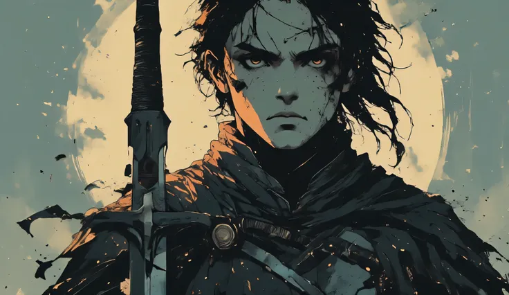 A striking young warrior with sharp, aristocratic features and piercing dark eyes strides forward with unwavering confidence. His long, unkempt black hair, damp from the morning mist, clings to his pale skin, partially obscuring an old scar that runs diago...